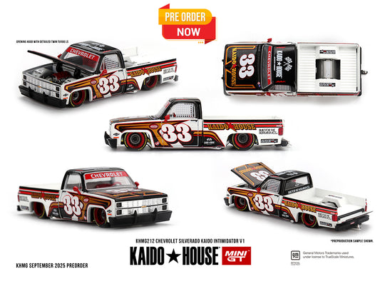PRE-ORDER Kaido House x Mini GT Chevrolet Silverado KAIDO Intimidator V1 – White w/ Brown Two-tone